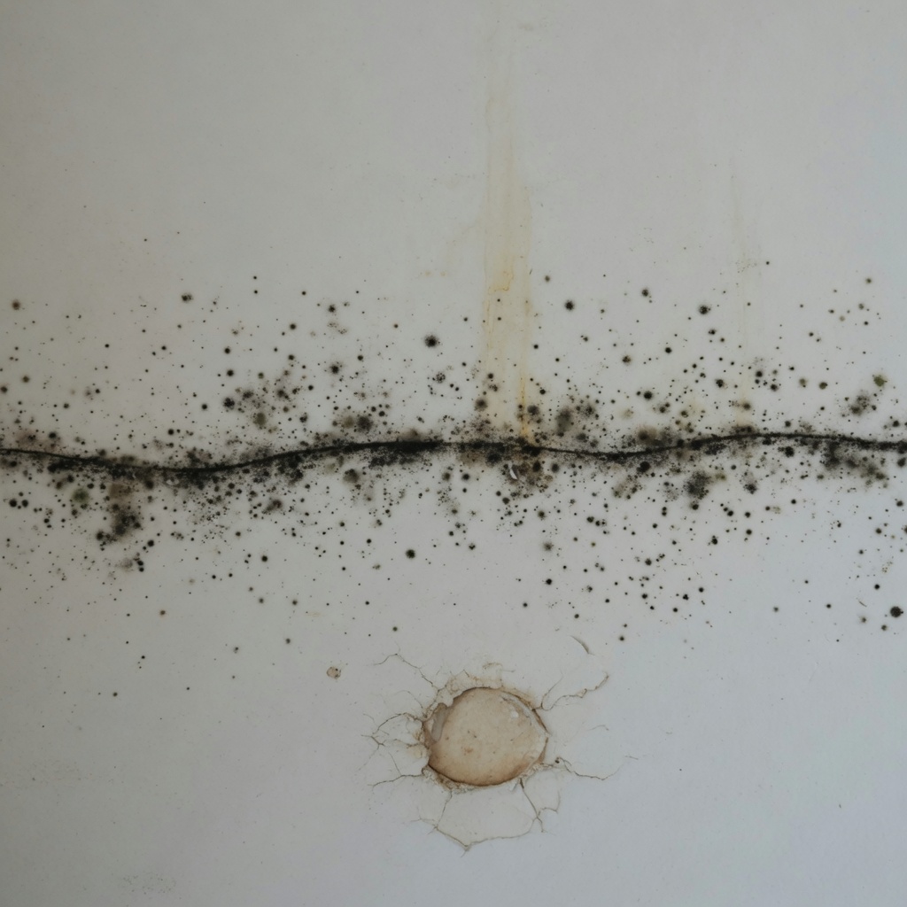 Black mould growth along a water tide line on interior drywall in a Tucson home