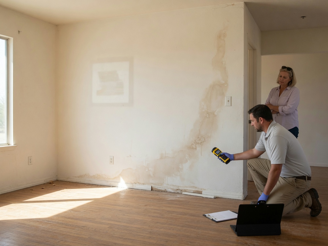 Property inspector checks water-damaged interior wall during a real-estate evaluation