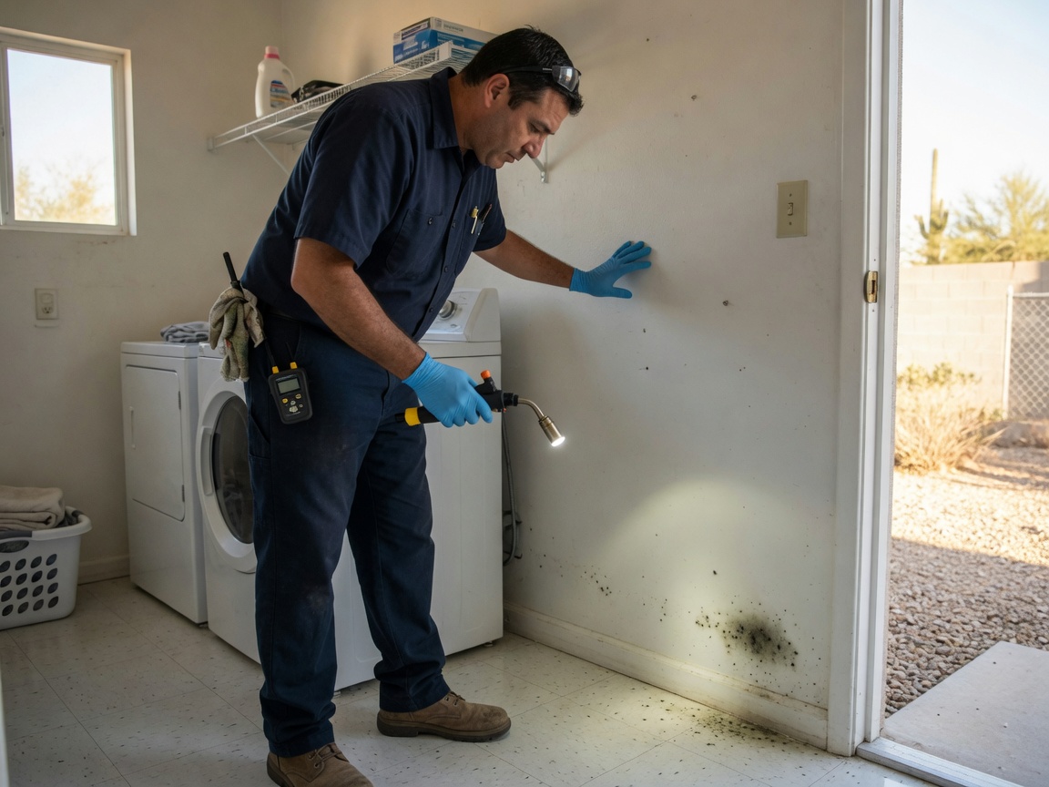 Property inspector examines suspected mould spotting in a residential laundry room