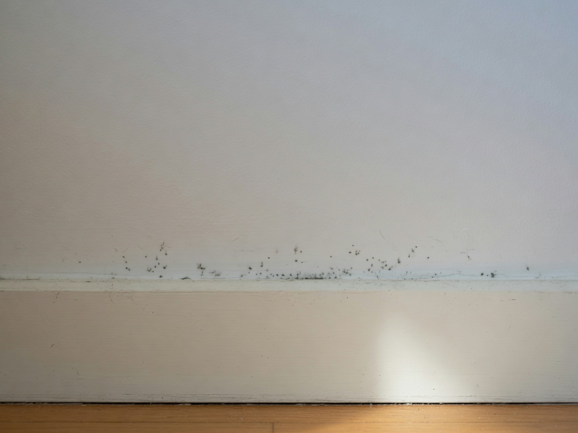 Limited mould growth along a painted interior baseboard beneath a window