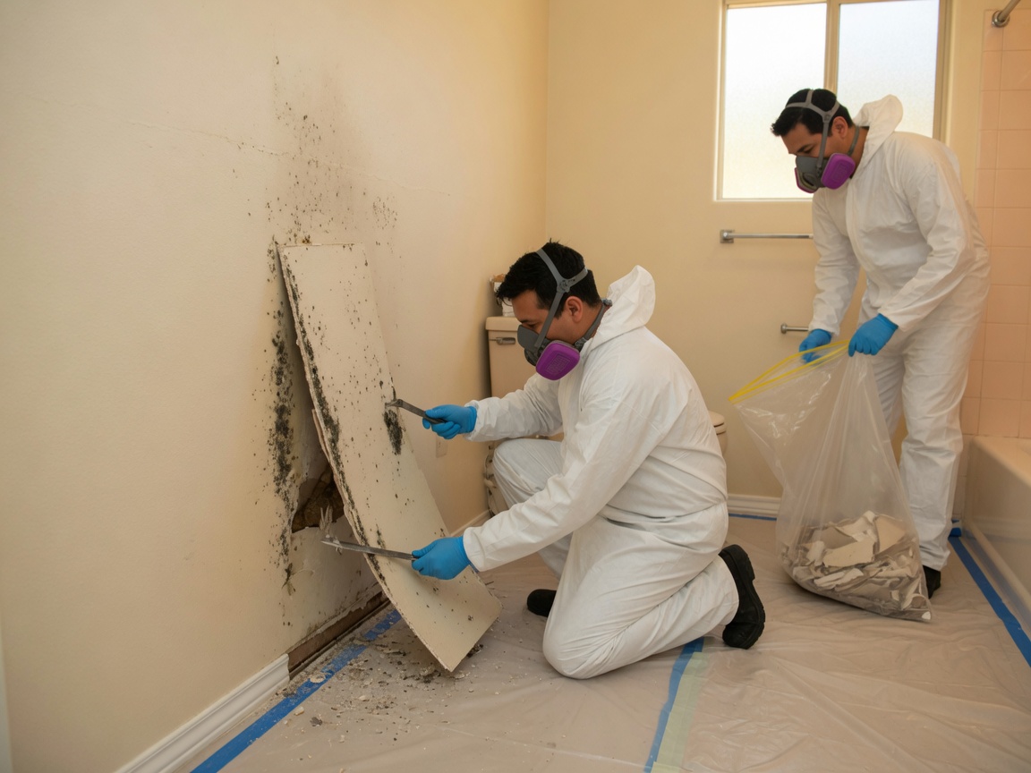 Protected removal team lifts a mould-damaged wall panel in a bathroom