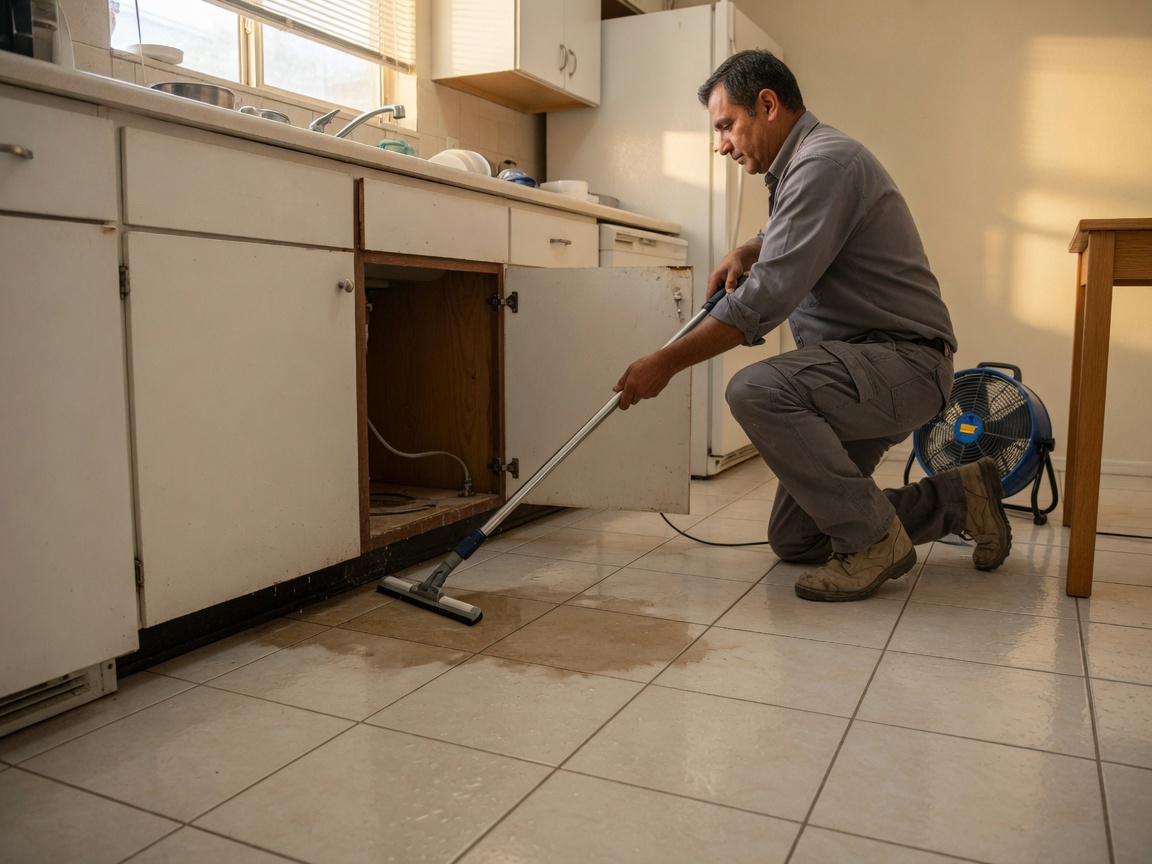 Restoration technician extracts water from a tiled kitchen floor after a plumbing leak