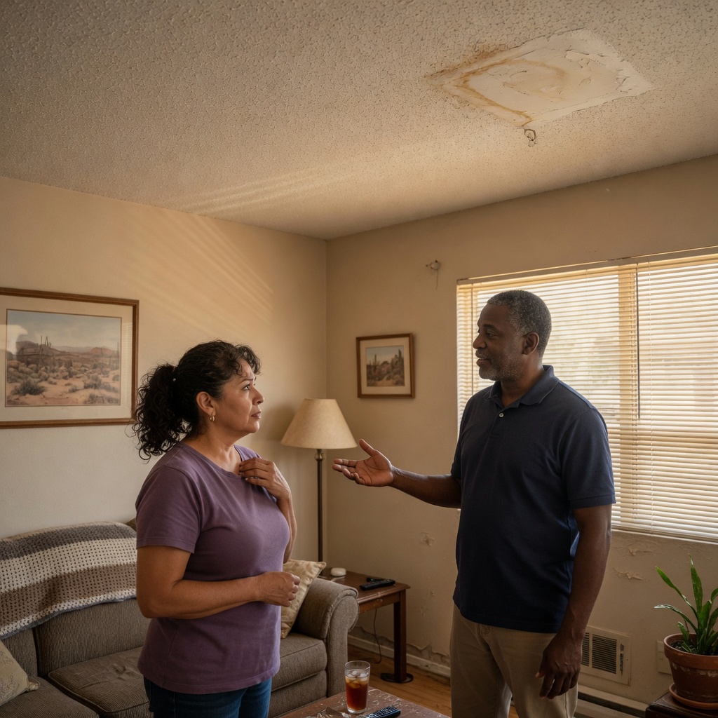 Homeowner discusses a water-damaged ceiling area with a restoration adviser