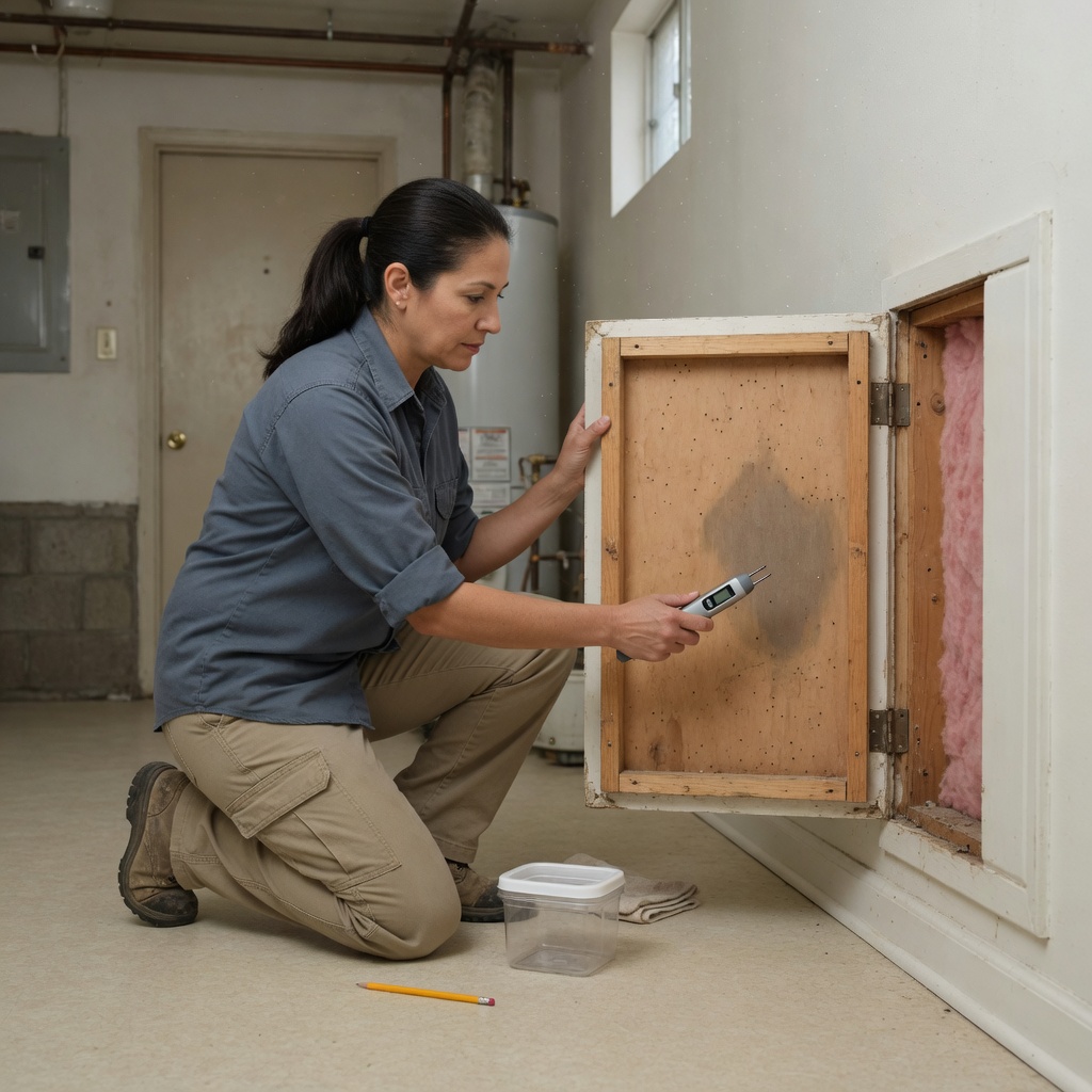 Inspector checks exposed wall framing with a handheld moisture probe