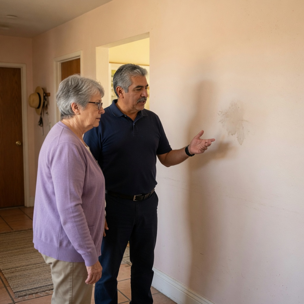 Homeowner and property inspector discuss a small wall moisture mark