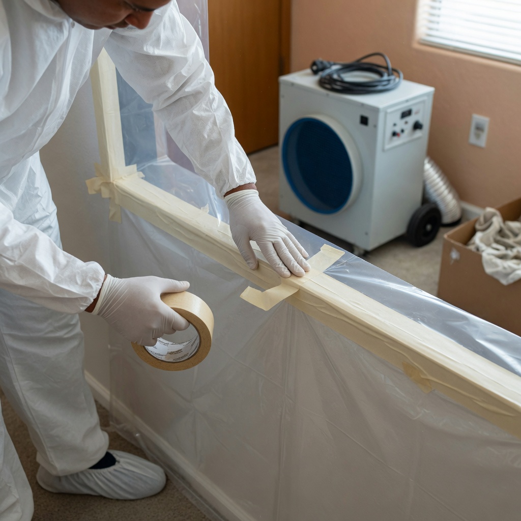 Remediation technician seals the edge of a plastic containment barrier