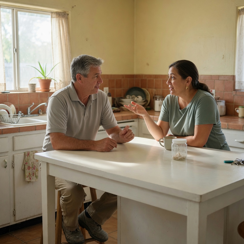 Homeowner and remediation adviser discuss safe cleanup steps at a kitchen table
