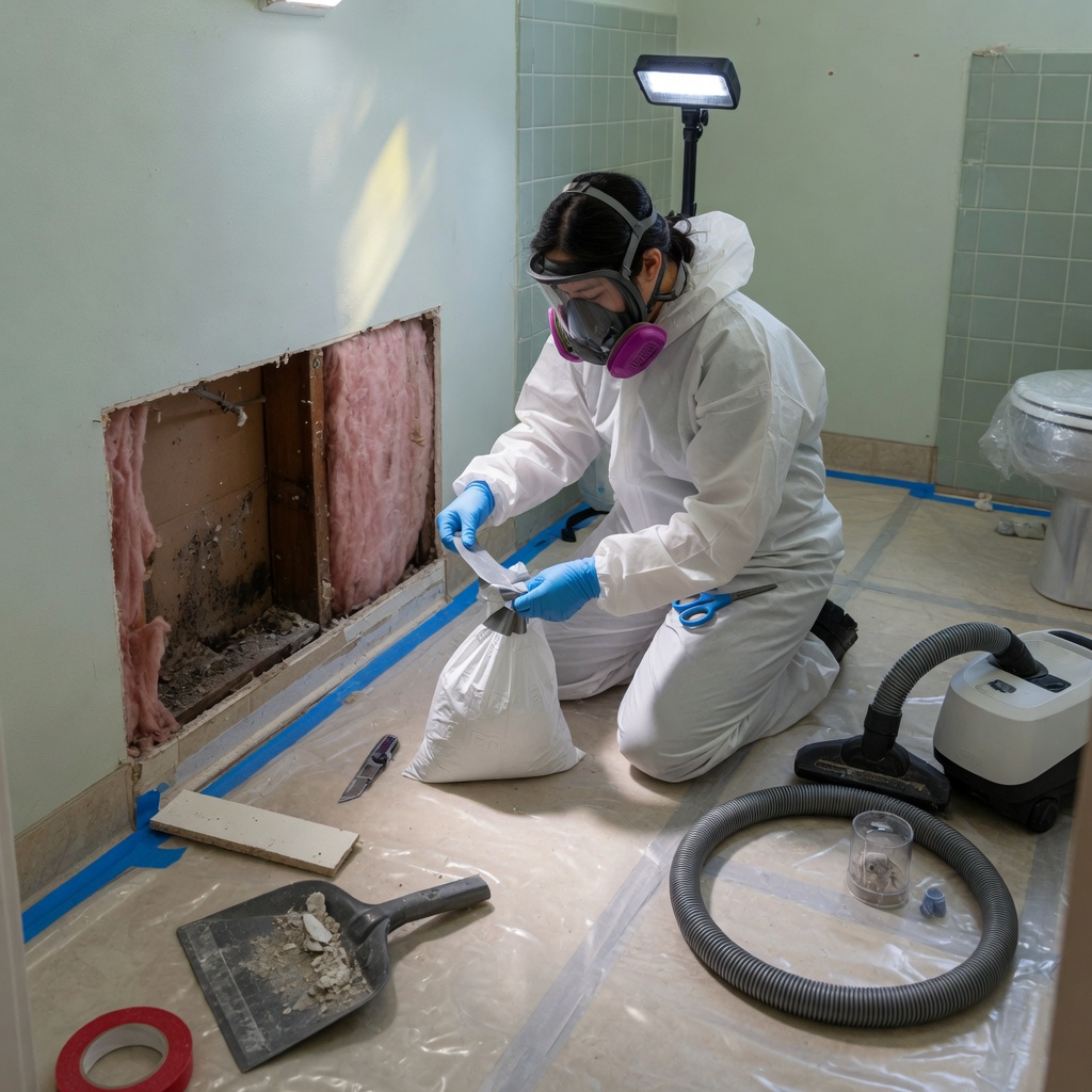Protected technician seals a debris bag during controlled wall cleanup