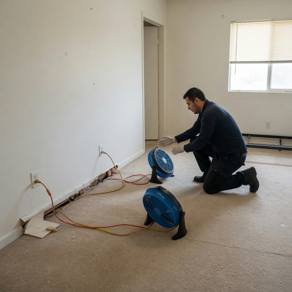 Restoration technician positions drying fans beside an opened skirting-board